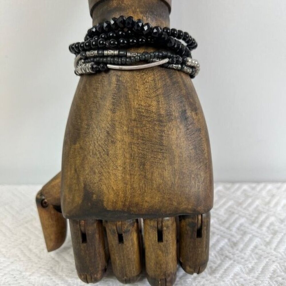 Vintage Lot Black Silver Tone Beaded Layered Statement Bracelets Boho Grunge